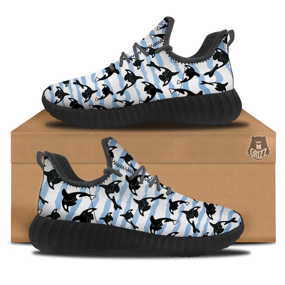 Striped Killer Whale Blue Print Pattern Black Walking Shoes-grizzshop
