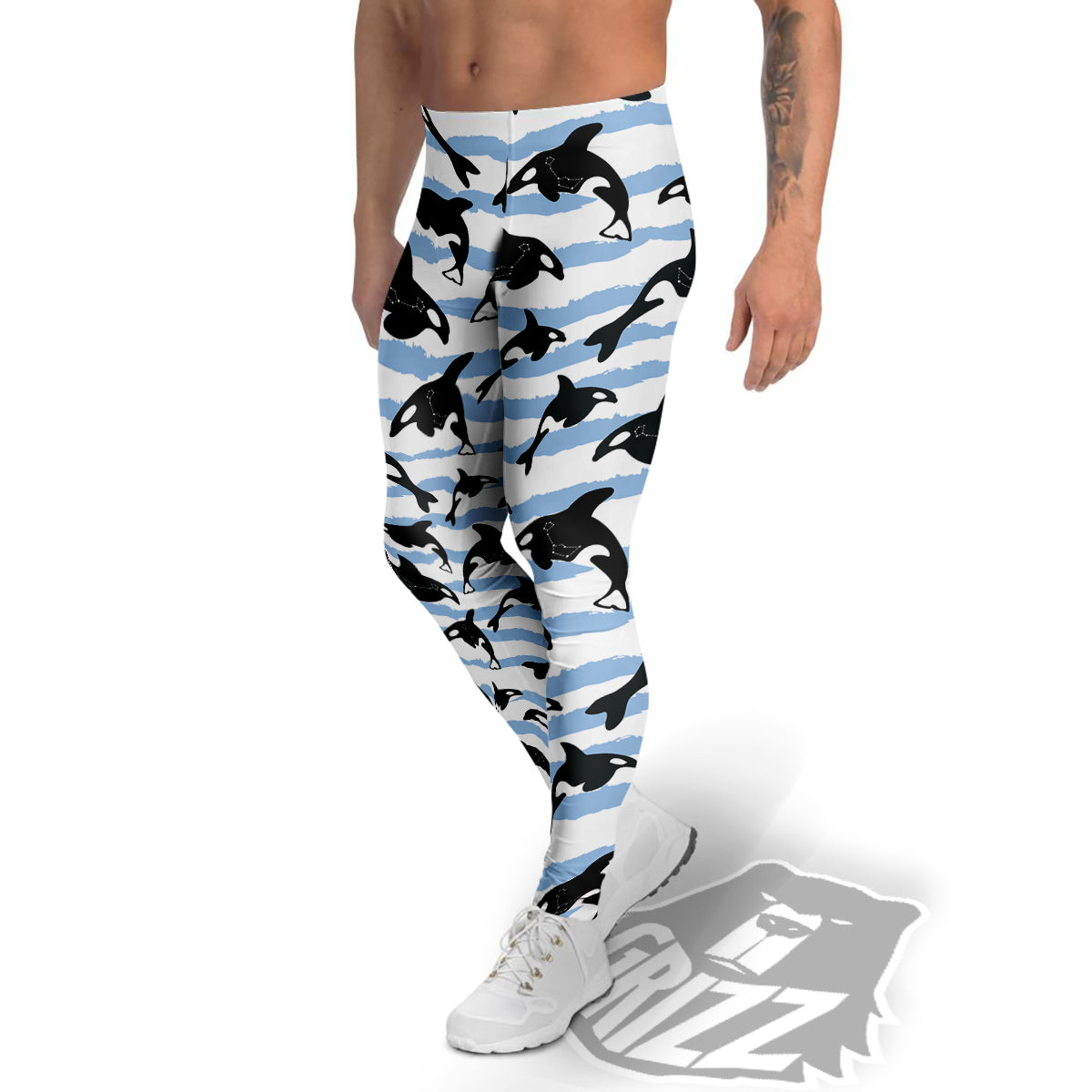 Striped Killer Whale Blue Print Pattern Men's Leggings-grizzshop