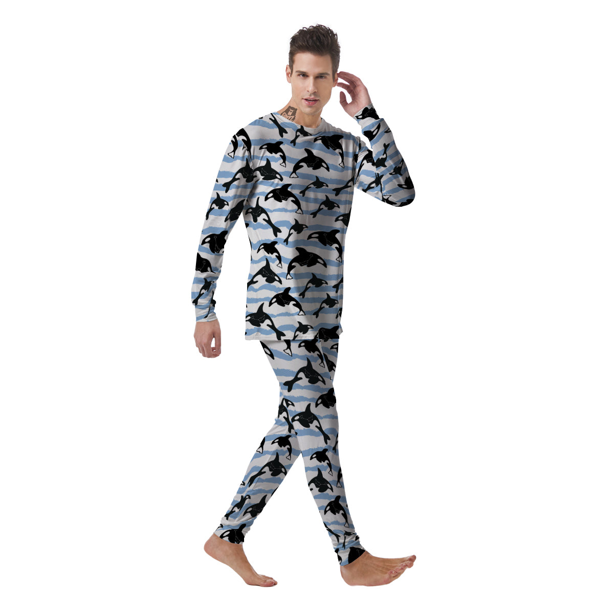 Striped Killer Whale Blue Print Pattern Men's Pajamas-grizzshop