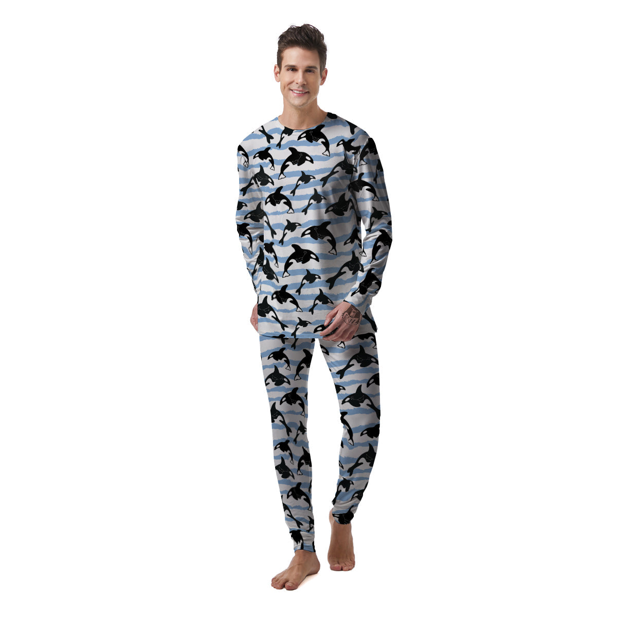 Striped Killer Whale Blue Print Pattern Men's Pajamas-grizzshop