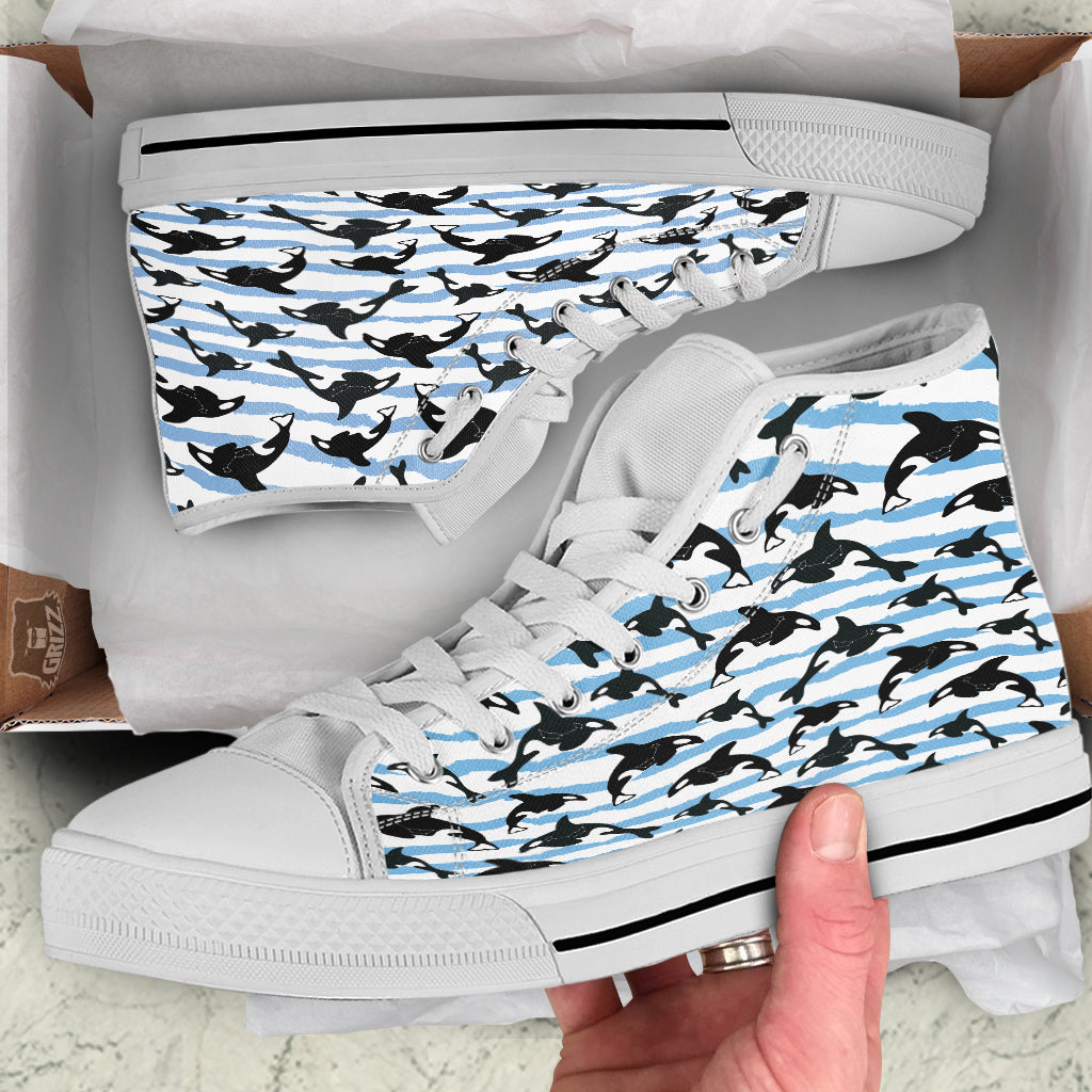 Striped Killer Whale Blue Print Pattern White High Top Shoes-grizzshop