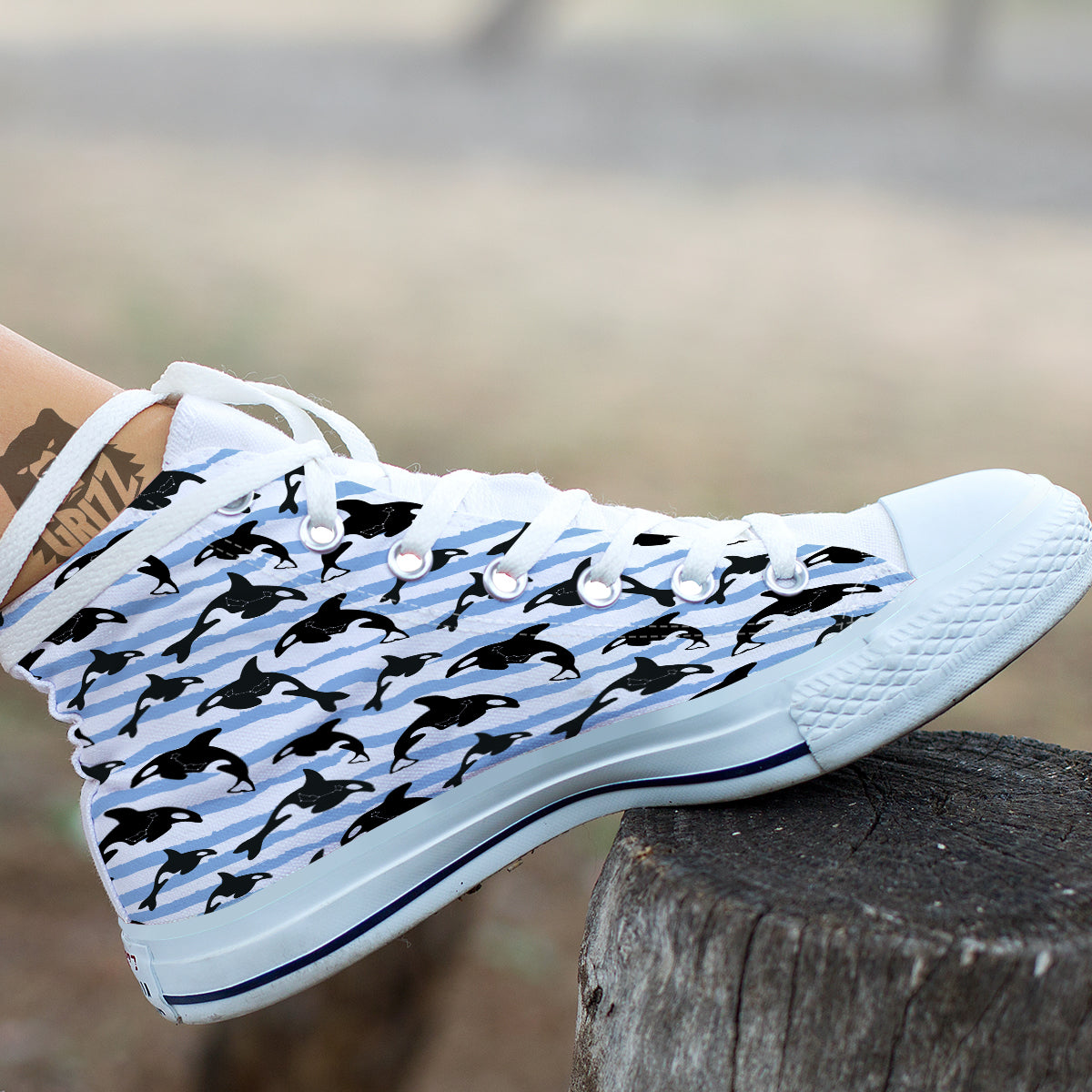 Striped Killer Whale Blue Print Pattern White High Top Shoes-grizzshop