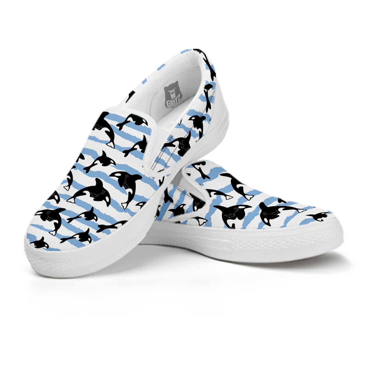 Striped Killer Whale Blue Print Pattern White Slip On Shoes-grizzshop