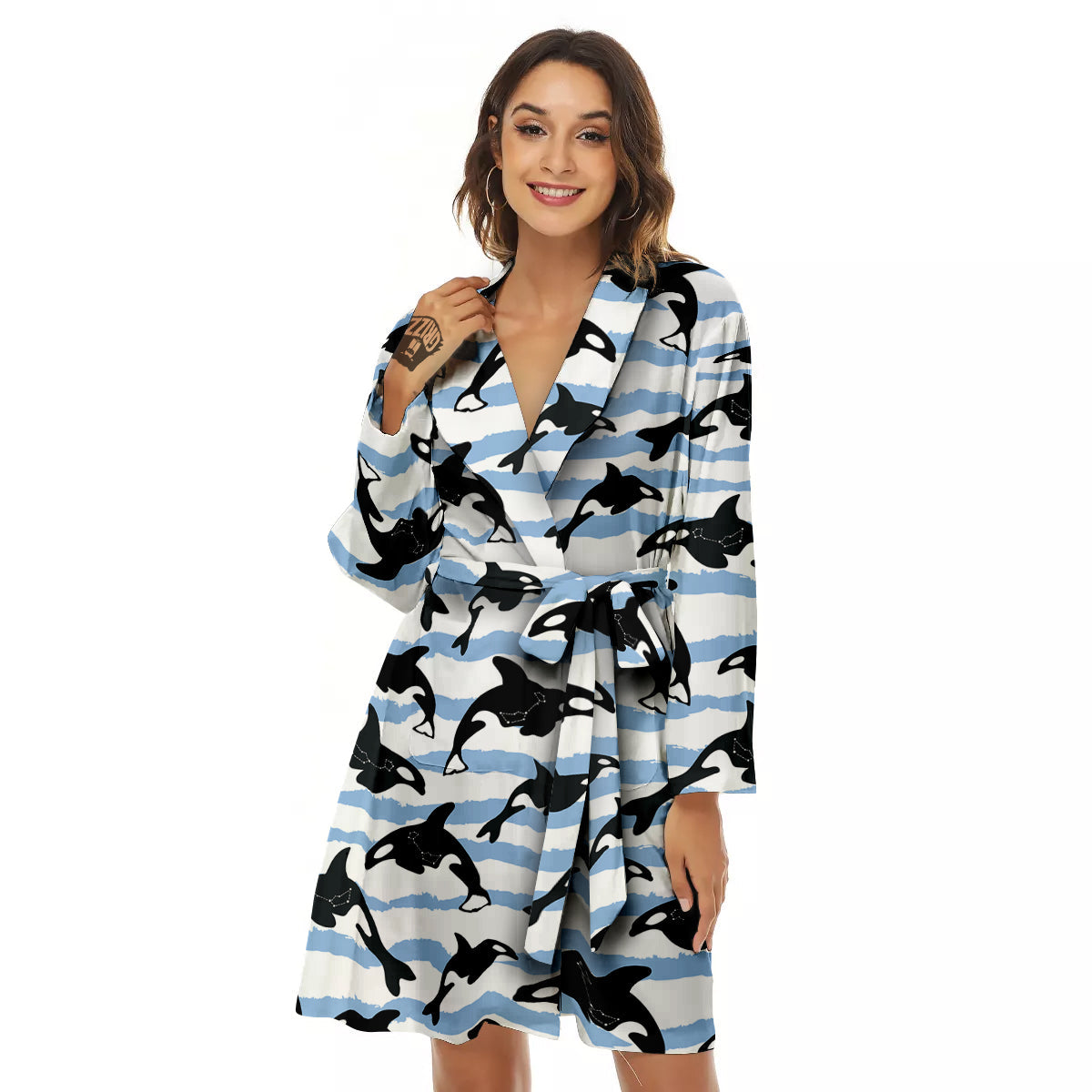 Striped Killer Whale Blue Print Pattern Women's Robe-grizzshop