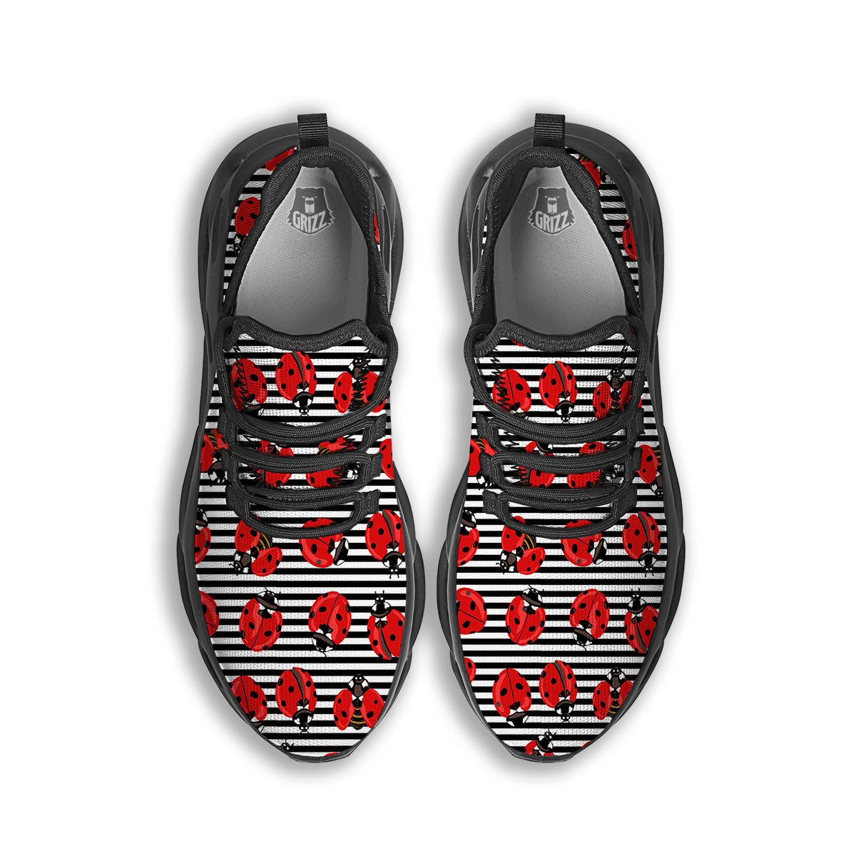 Striped Ladybug Print Pattern Black Running Shoes-grizzshop