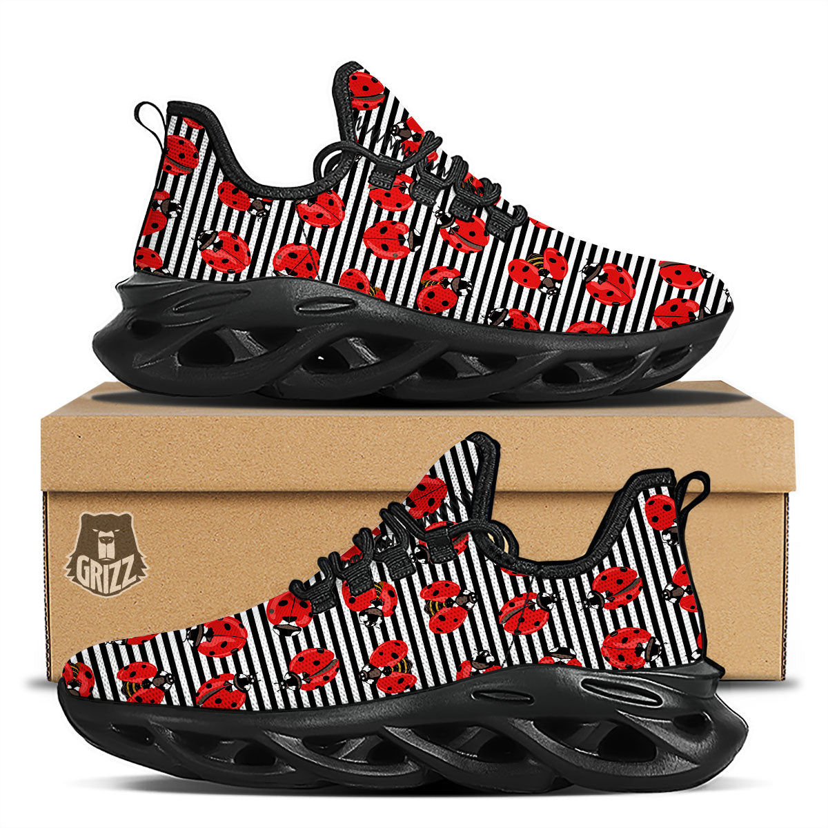 Striped Ladybug Print Pattern Black Running Shoes-grizzshop