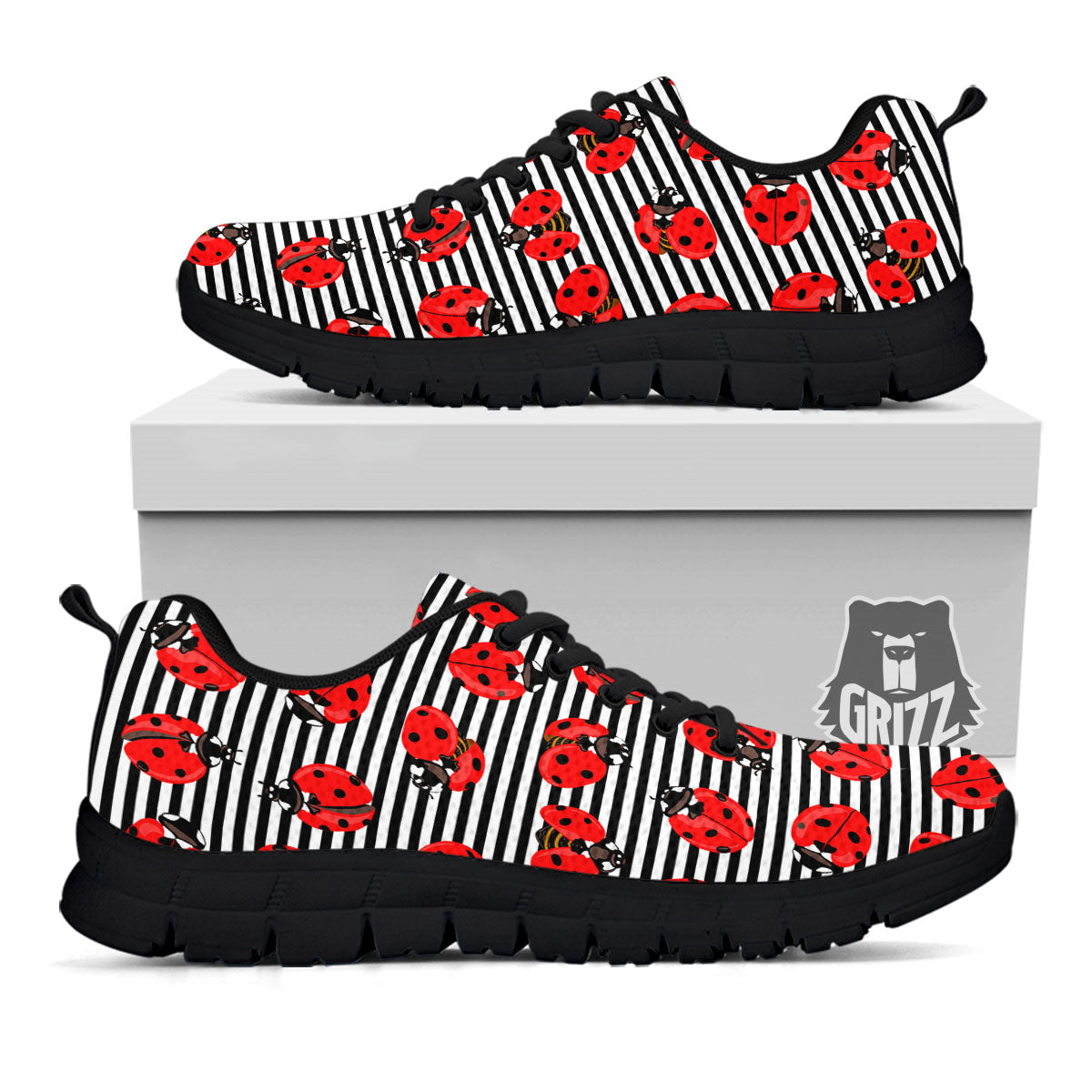 Striped Ladybug Print Pattern Black Sneaker-grizzshop