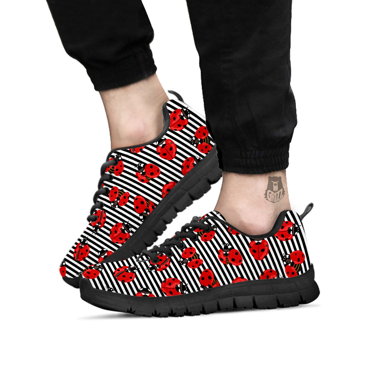 Striped Ladybug Print Pattern Black Sneaker-grizzshop