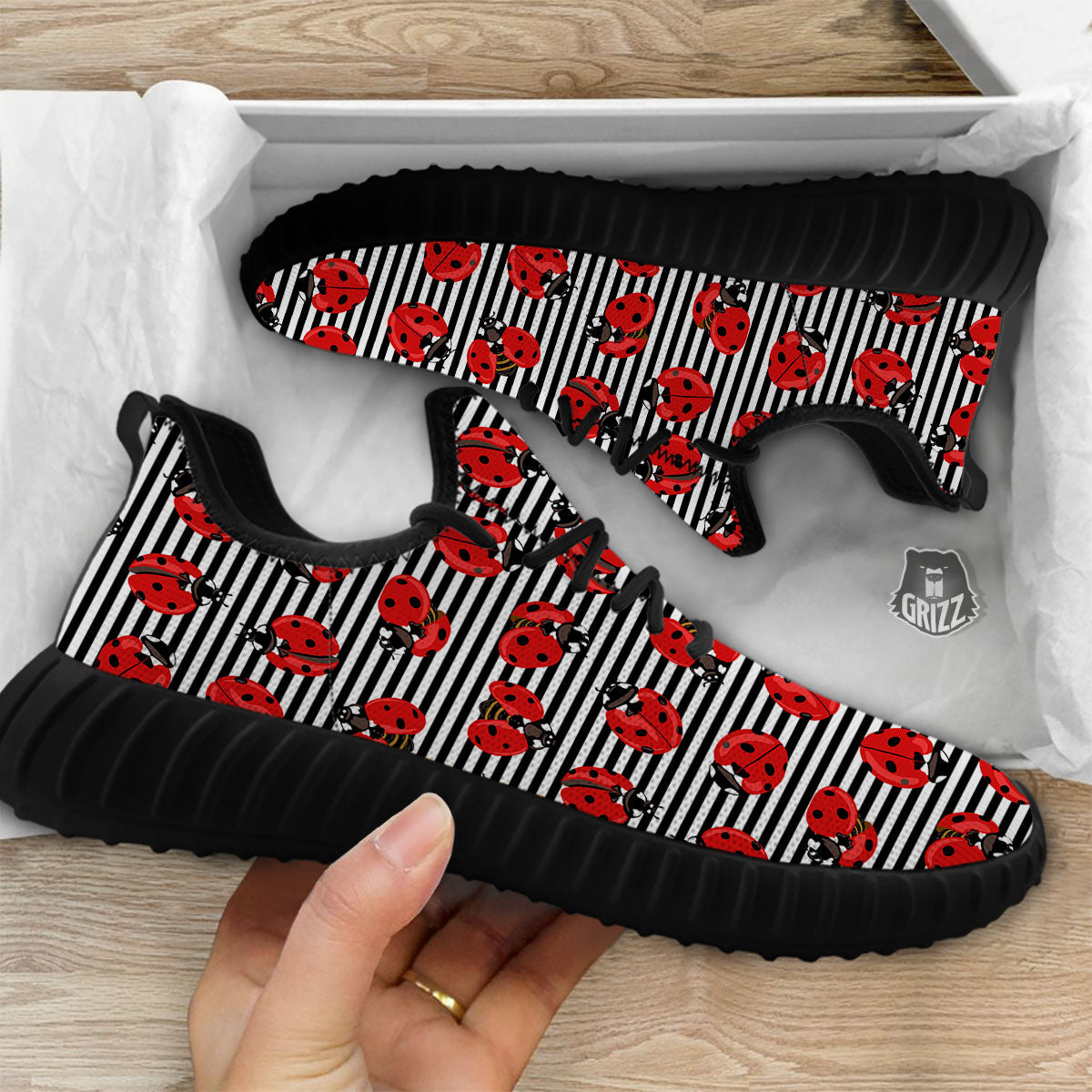 Striped Ladybug Print Pattern Black Walking Shoes-grizzshop