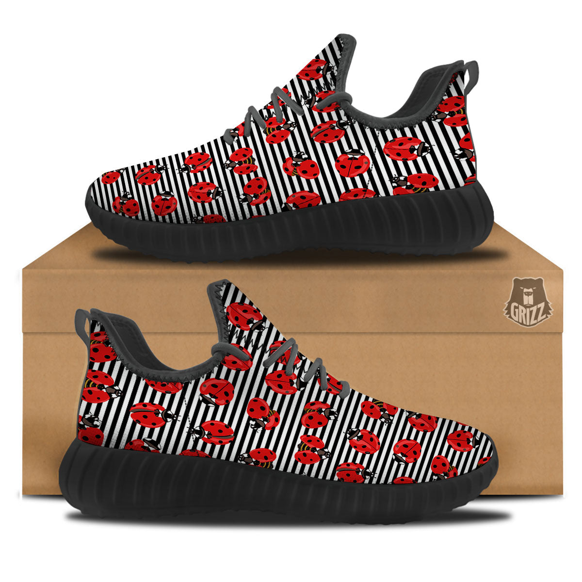Striped Ladybug Print Pattern Black Walking Shoes-grizzshop