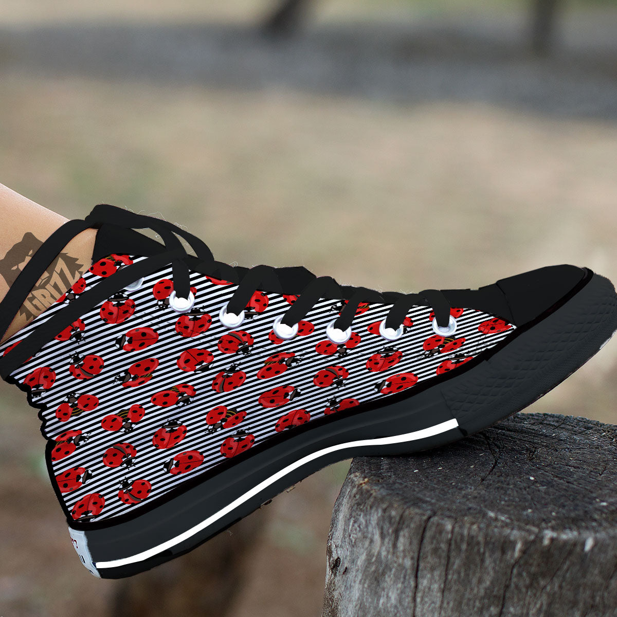 Striped Ladybug Print Pattern High Top Shoes-grizzshop