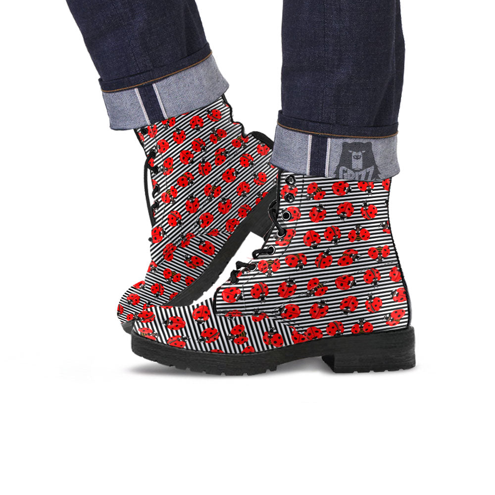 Striped Ladybug Print Pattern Leather Boots-grizzshop