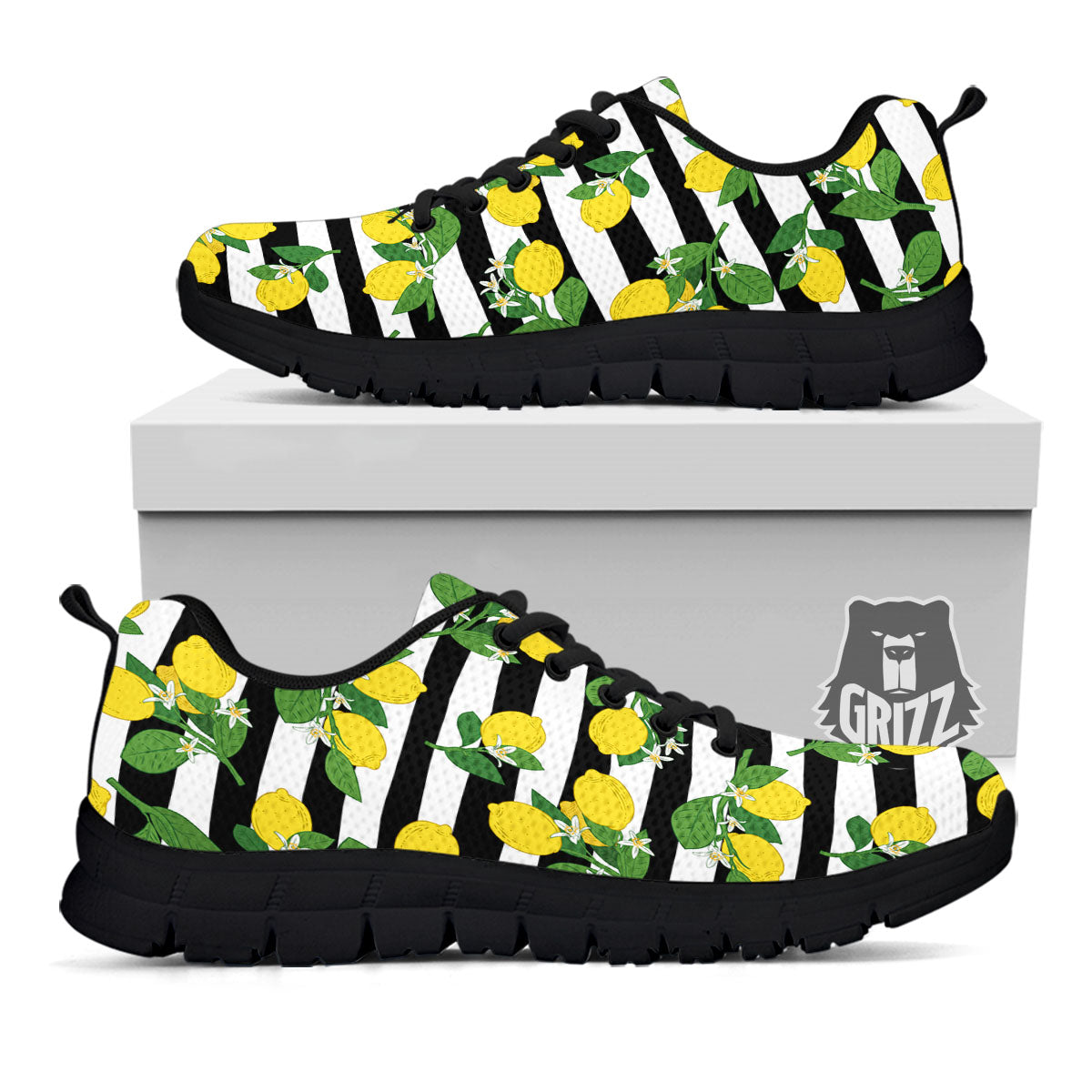 Striped Lemon Print Pattern Black Sneaker-grizzshop