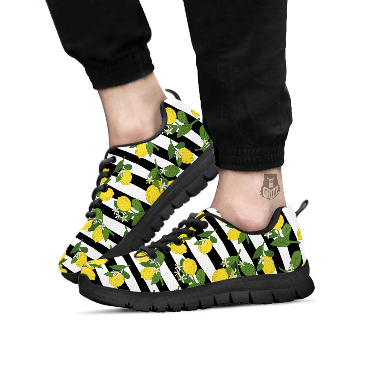 Striped Lemon Print Pattern Black Sneaker-grizzshop