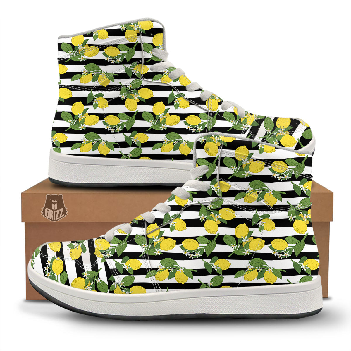 Striped Lemon Print Pattern High Top Sneakers-grizzshop