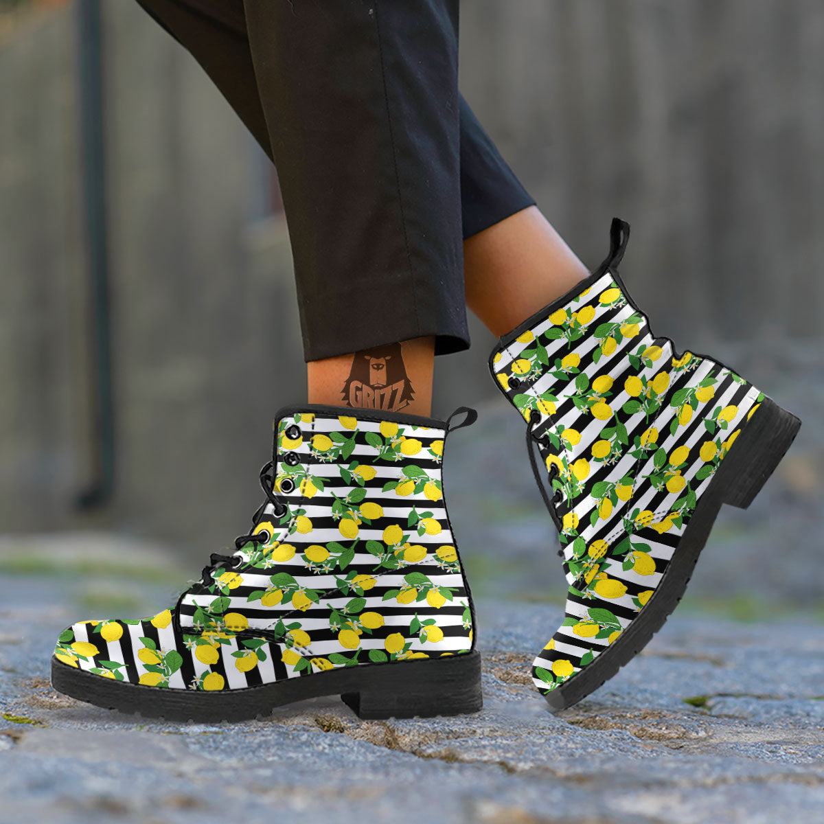 Striped Lemon Print Pattern Leather Boots-grizzshop
