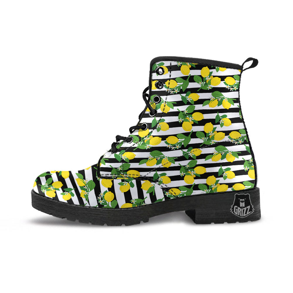Striped Lemon Print Pattern Leather Boots-grizzshop