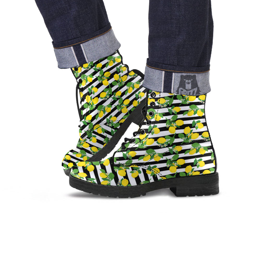 Striped Lemon Print Pattern Leather Boots-grizzshop