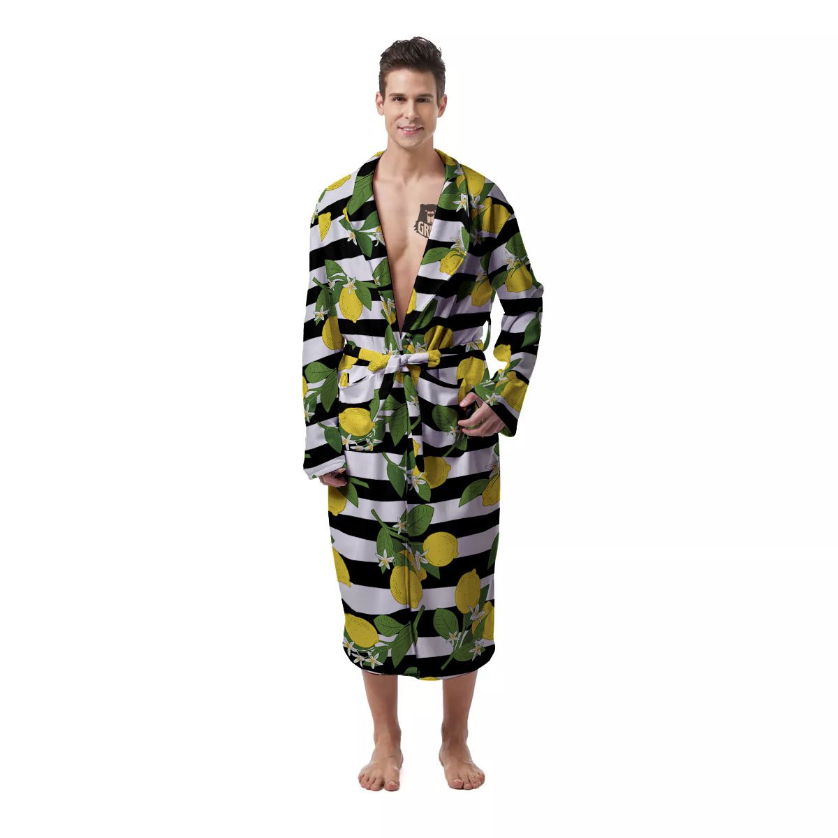 Striped Lemon Print Pattern Men's Robe-grizzshop