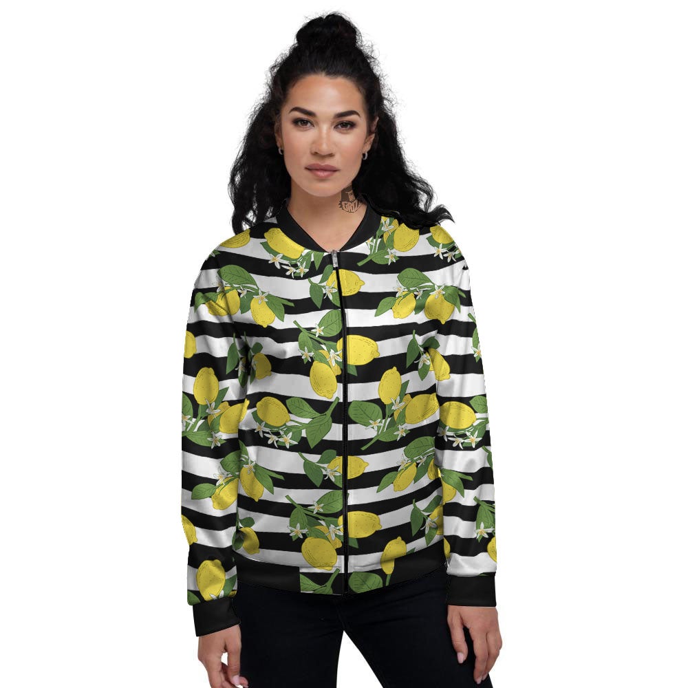 Striped Lemon Print Pattern Women's Bomber Jacket-grizzshop