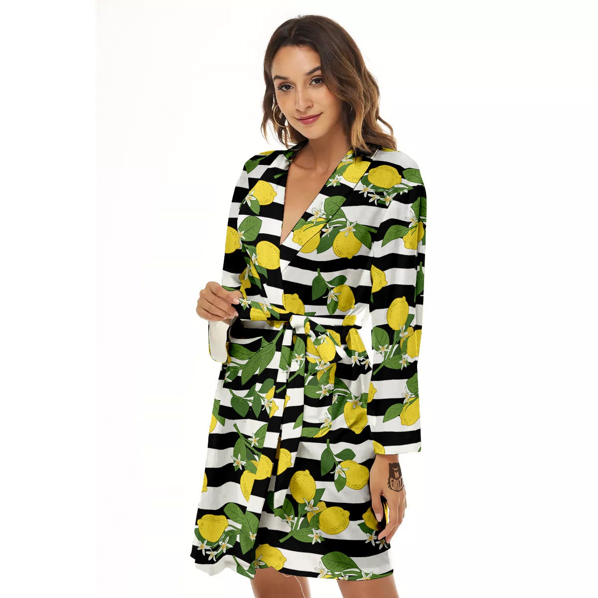 Striped Lemon Print Pattern Women's Robe-grizzshop
