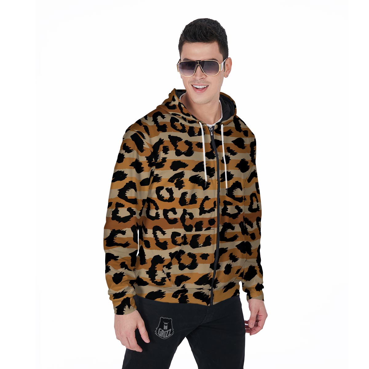 Striped Leopard Men's Zip Up Hoodie-grizzshop
