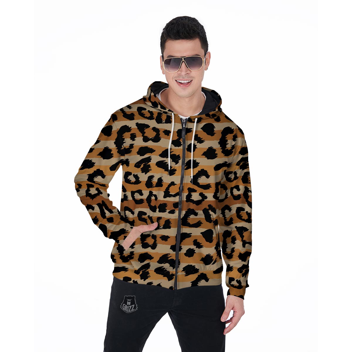 Striped Leopard Men's Zip Up Hoodie-grizzshop