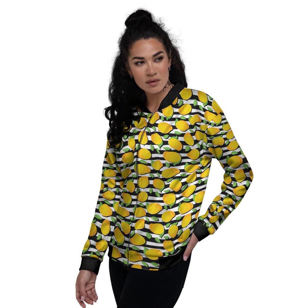 Striped Mango Fruit Print Pattern Women's Bomber Jacket-grizzshop