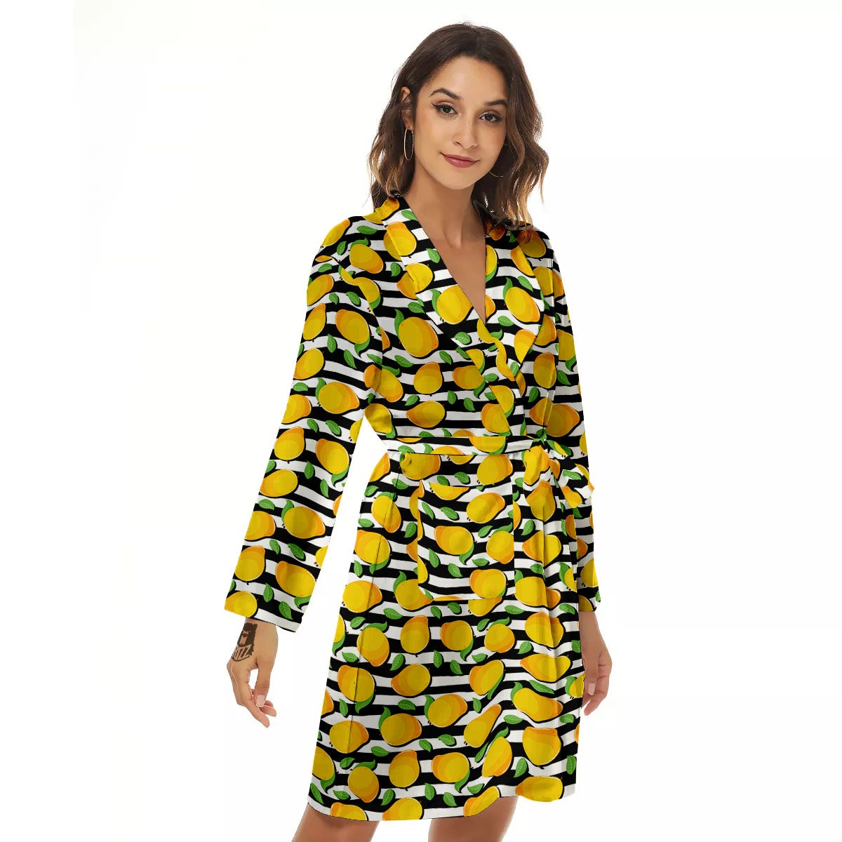 Striped Mango Fruit Print Pattern Women's Robe-grizzshop