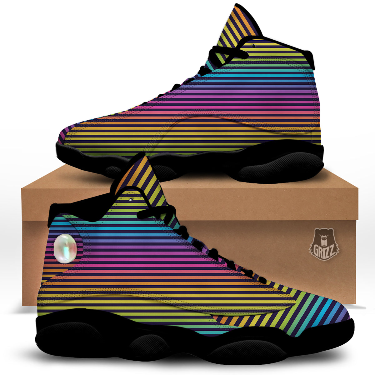 Striped Neon Rainbow Print Black Basketball Shoes-grizzshop
