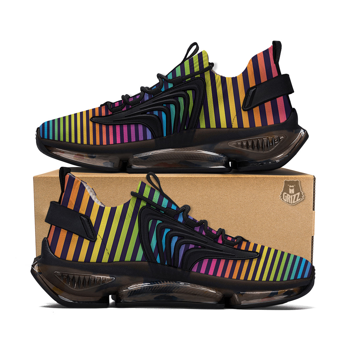 Striped Neon Rainbow Print Black Gym Shoes-grizzshop