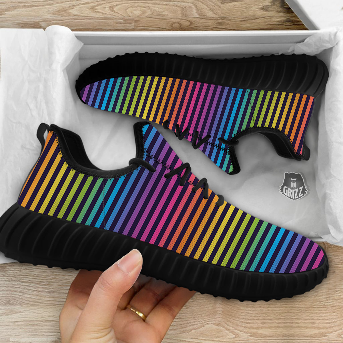 Striped Neon Rainbow Print Black Walking Shoes-grizzshop