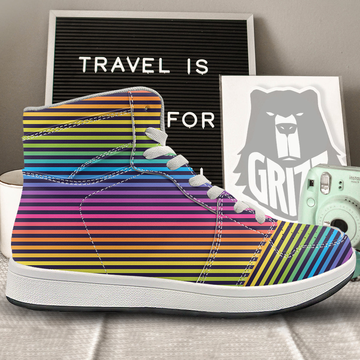 Striped Neon Rainbow Print High Top Sneakers-grizzshop