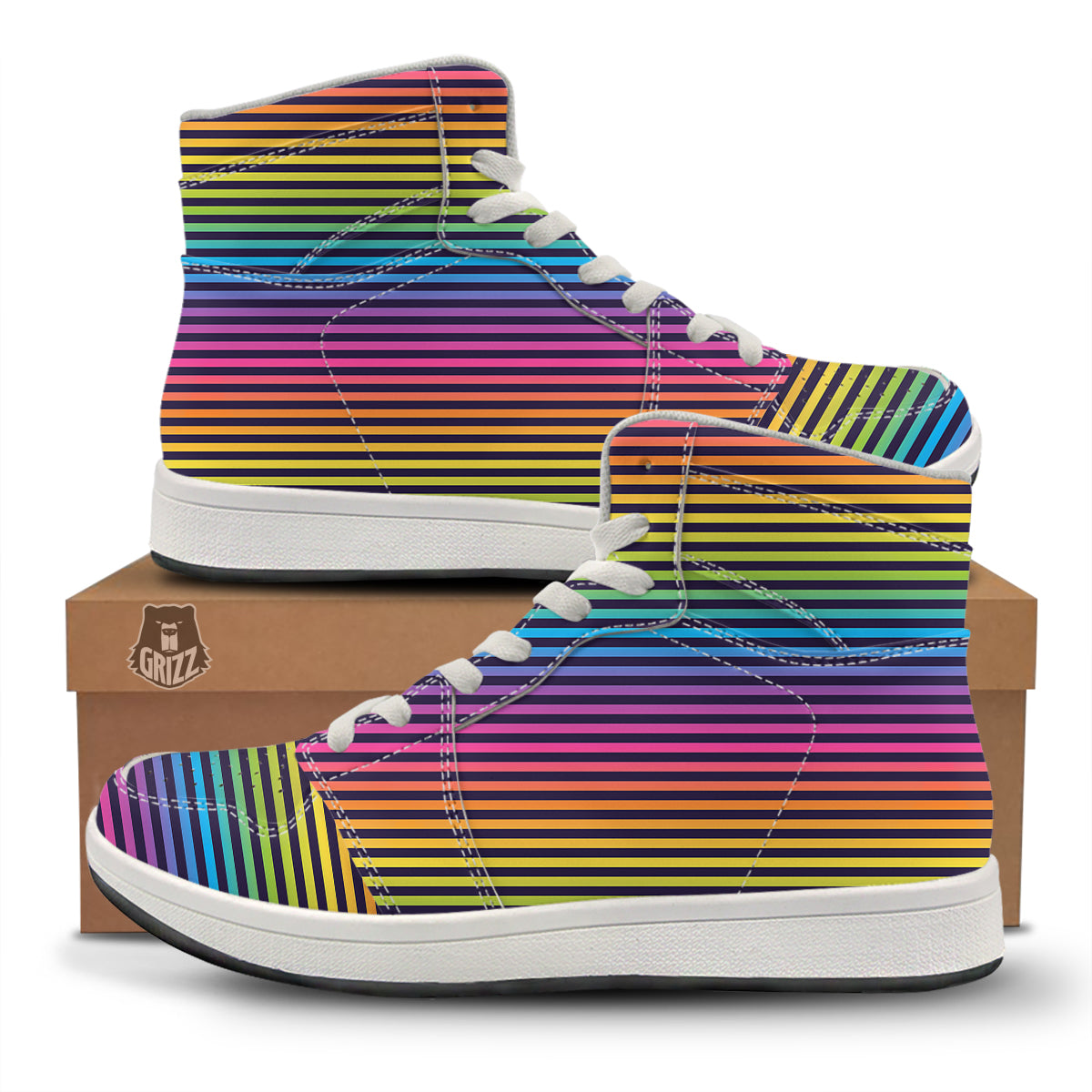 Striped Neon Rainbow Print High Top Sneakers-grizzshop