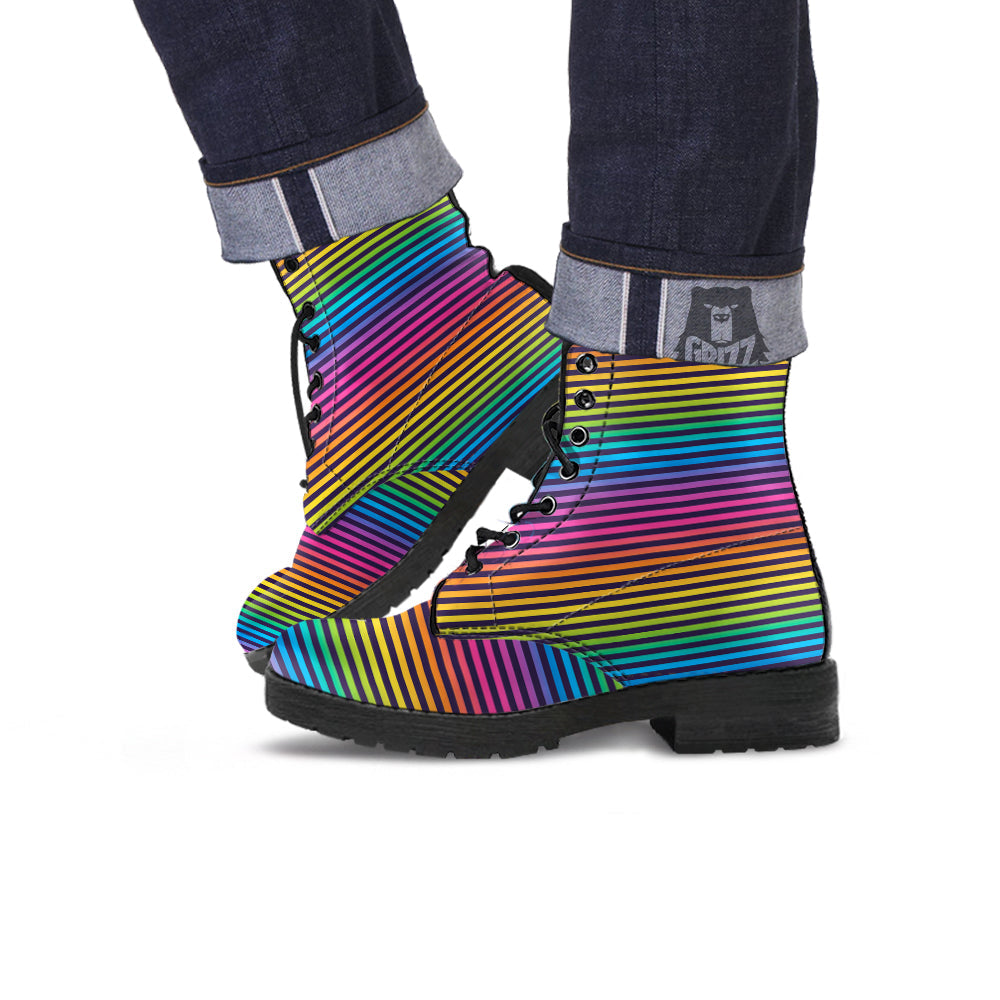 Striped Neon Rainbow Print Leather Boots-grizzshop