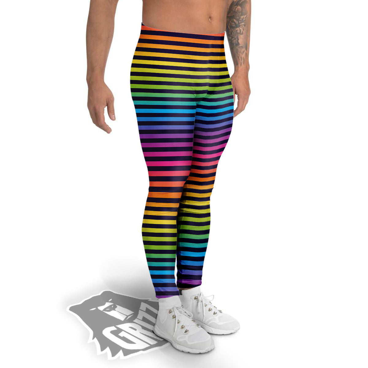 Striped Neon Rainbow Print Men's Leggings-grizzshop