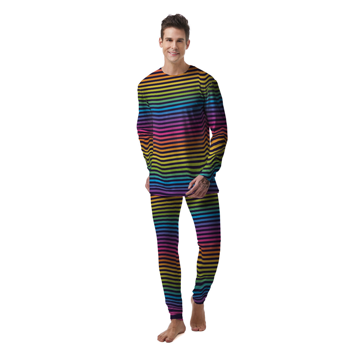 Striped Neon Rainbow Print Men's Pajamas-grizzshop