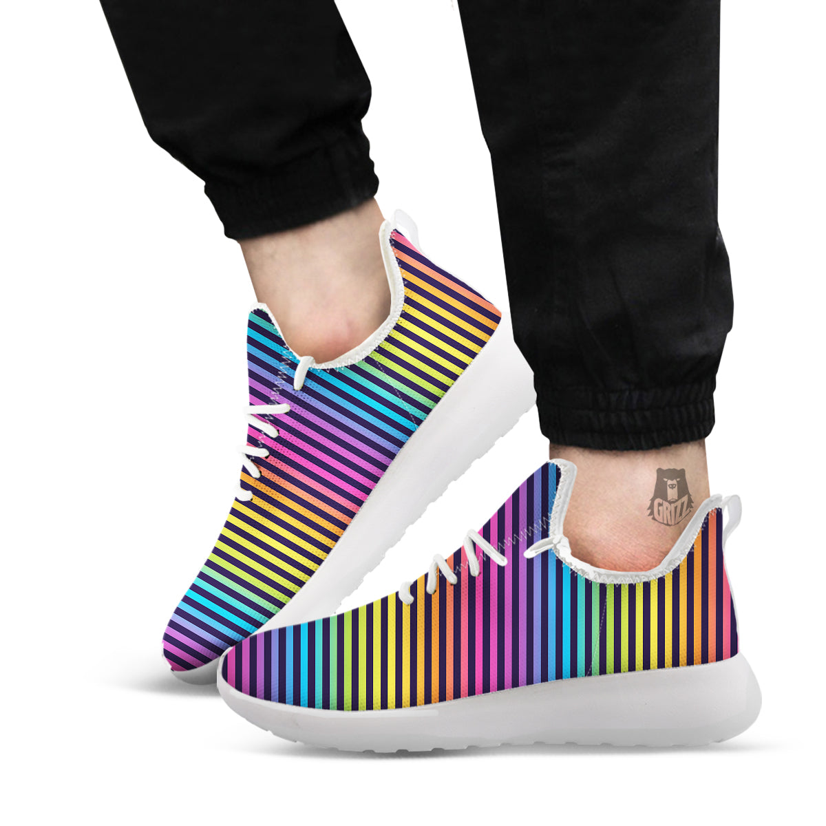 Striped Neon Rainbow Print White Athletic Shoes-grizzshop