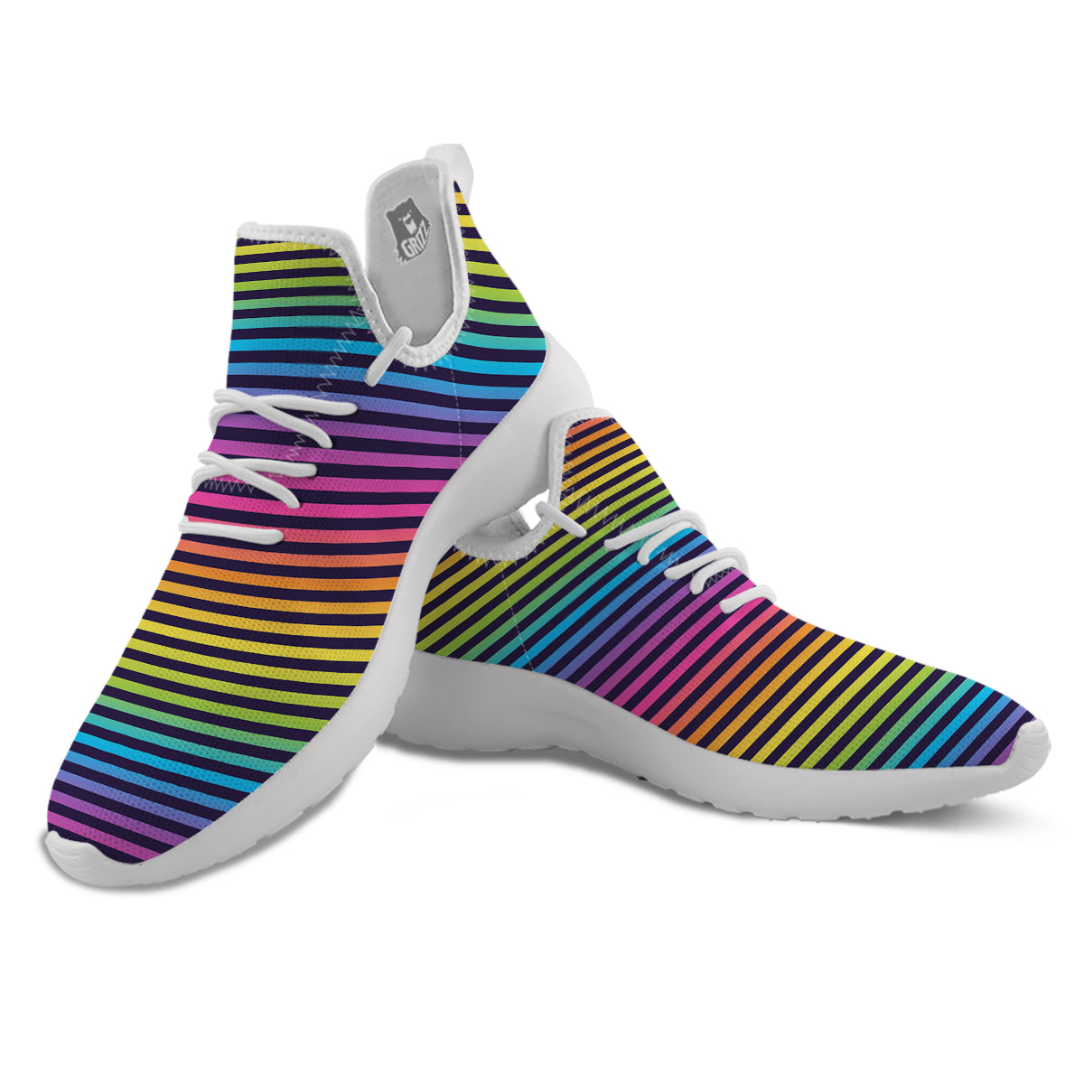 Striped Neon Rainbow Print White Athletic Shoes-grizzshop