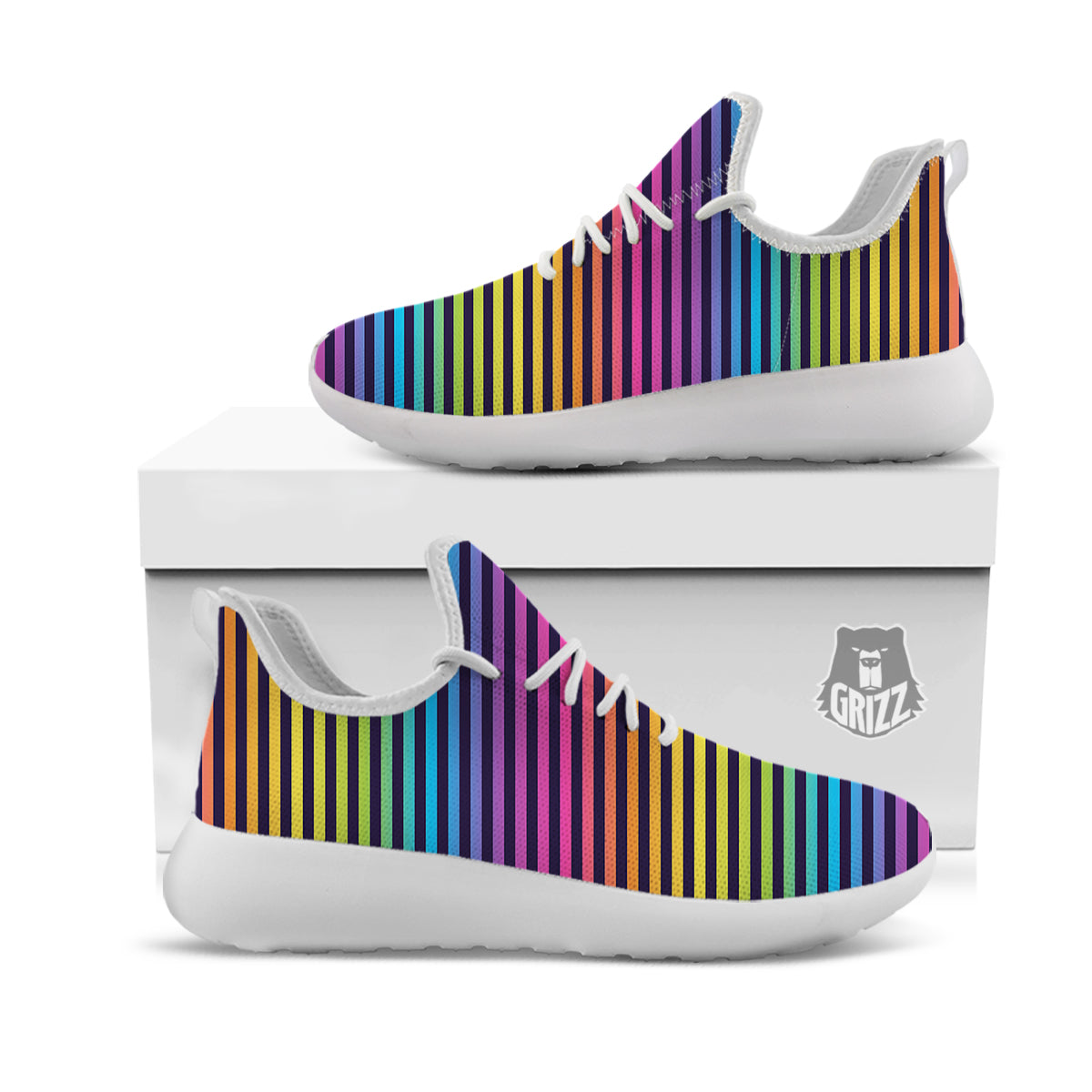 Striped Neon Rainbow Print White Athletic Shoes-grizzshop