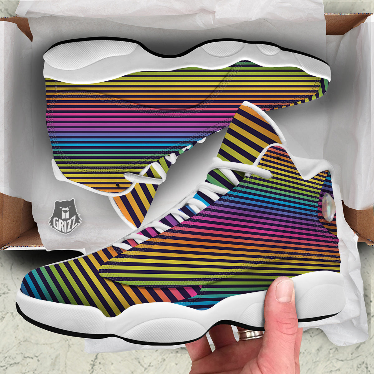 Striped Neon Rainbow Print White Basketball Shoes-grizzshop