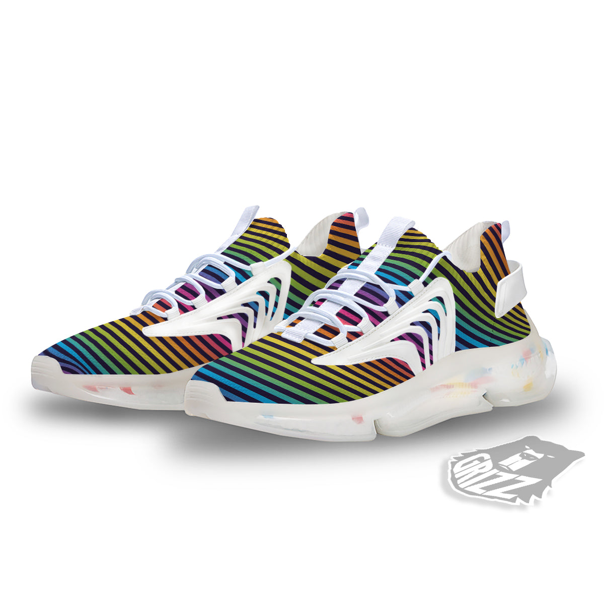 Striped Neon Rainbow Print White Gym Shoes-grizzshop