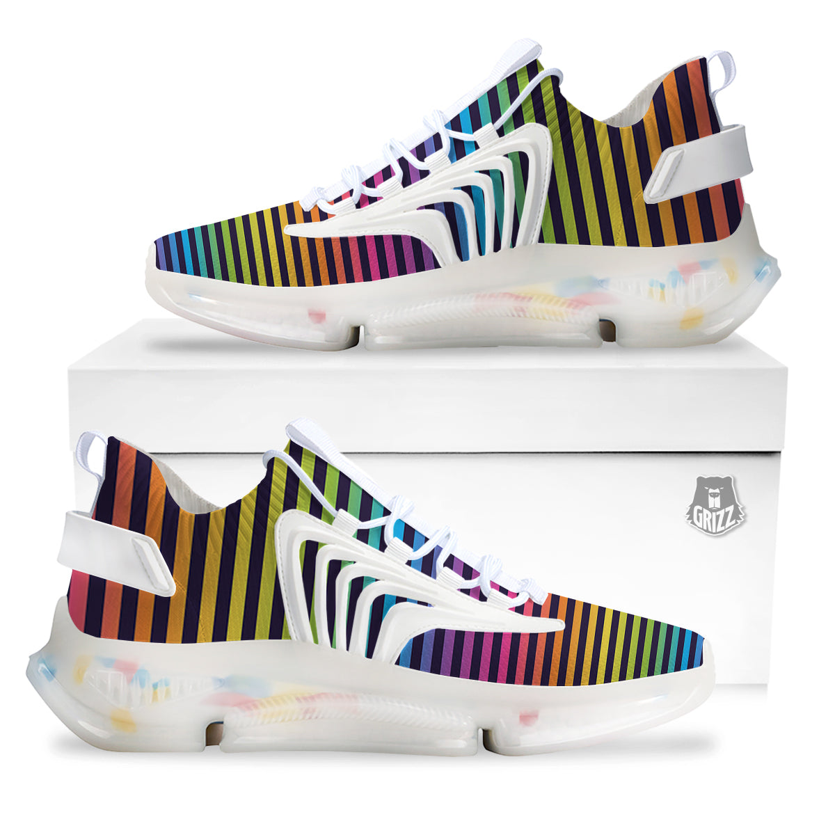 Striped Neon Rainbow Print White Gym Shoes-grizzshop