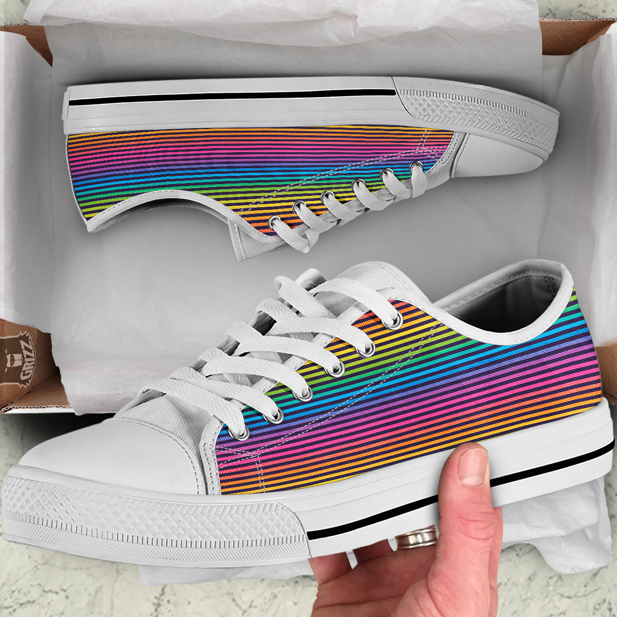 Striped Neon Rainbow Print White Low Top Shoes-grizzshop