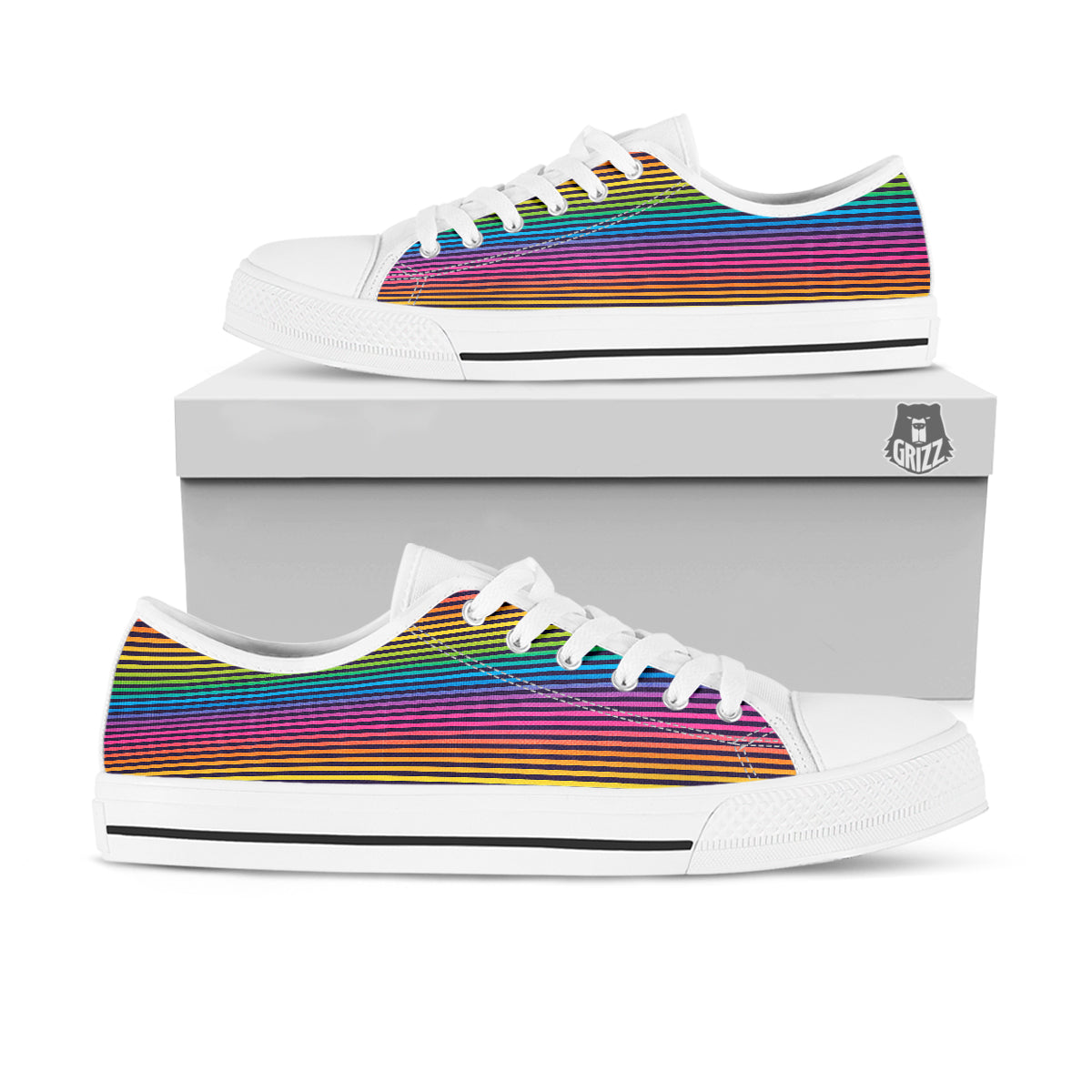 Striped Neon Rainbow Print White Low Top Shoes-grizzshop