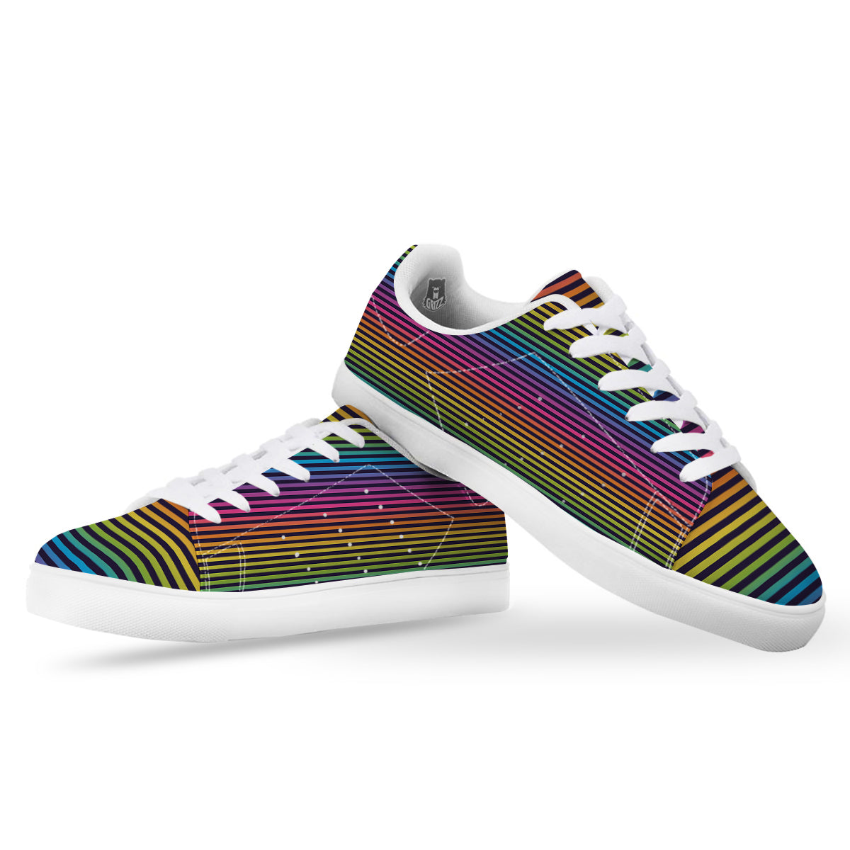 Striped Neon Rainbow Print White Low Top Sneakers-grizzshop