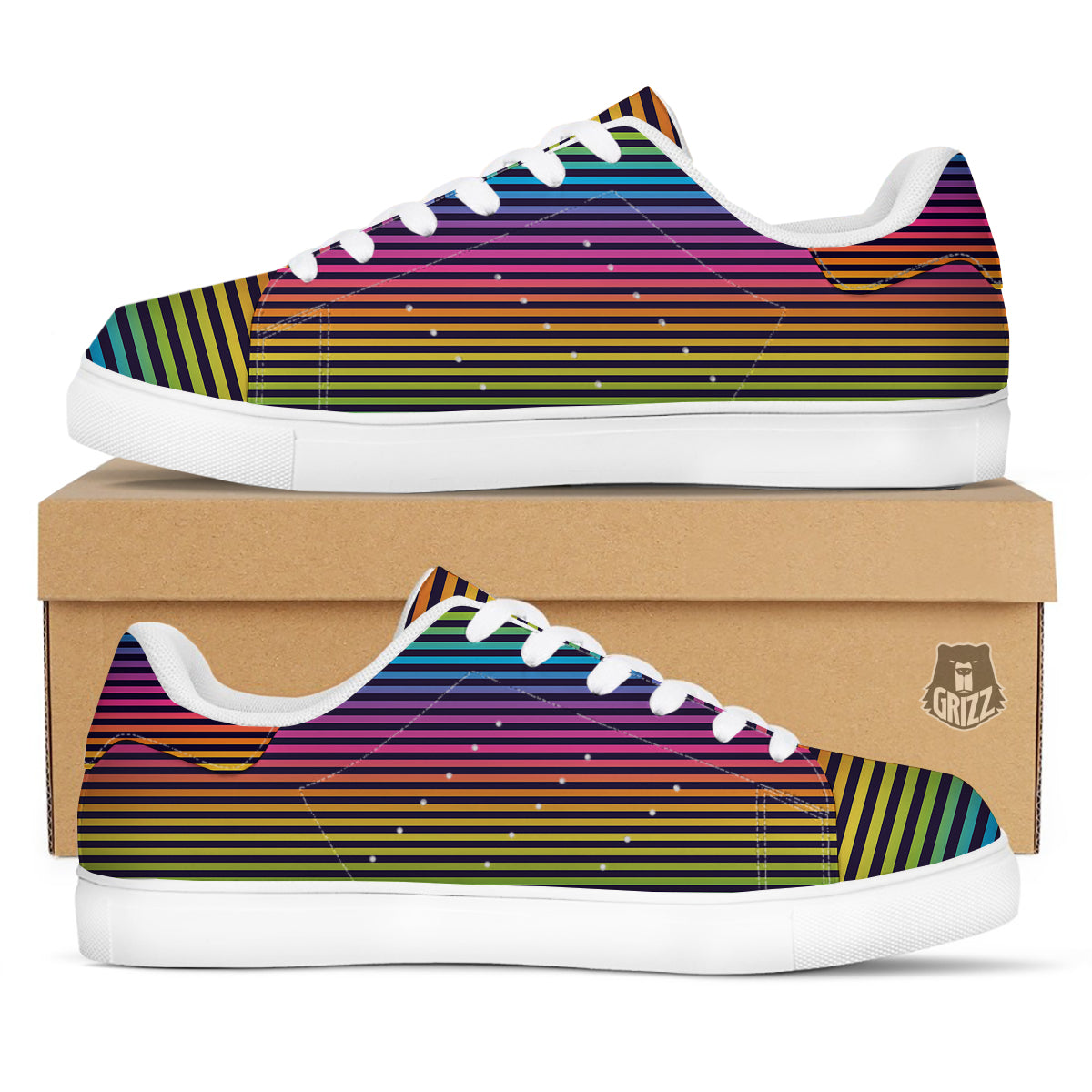 Striped Neon Rainbow Print White Low Top Sneakers-grizzshop
