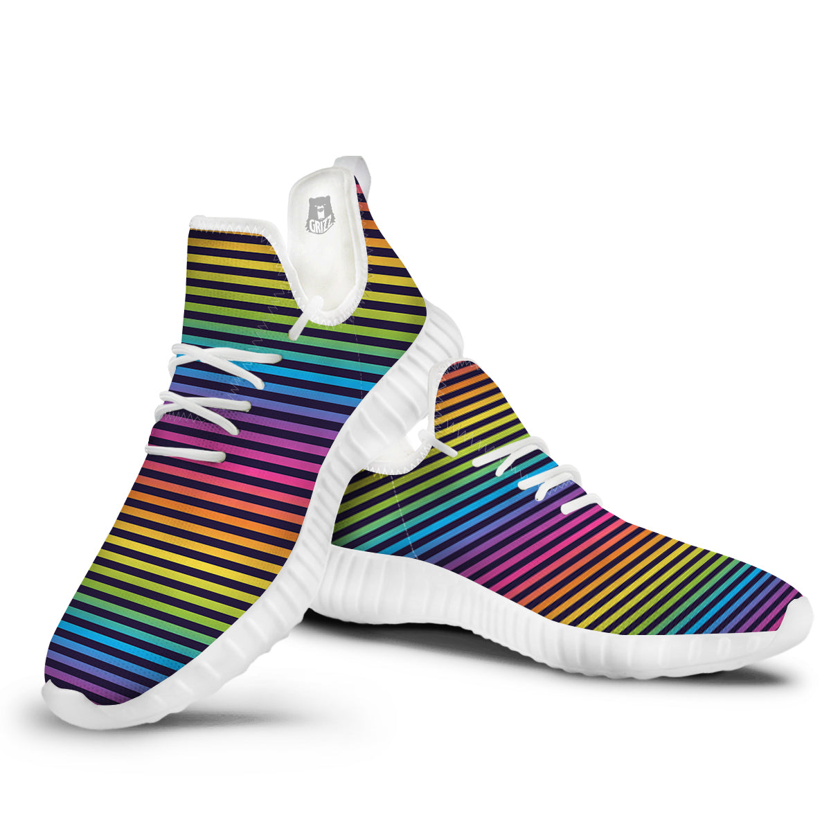 Striped Neon Rainbow Print White Walking Shoes-grizzshop