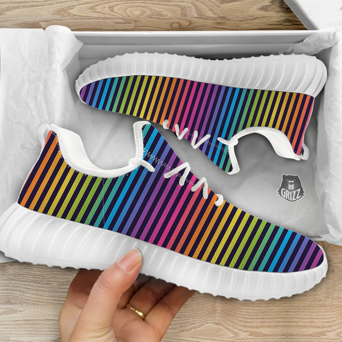 Striped Neon Rainbow Print White Walking Shoes-grizzshop