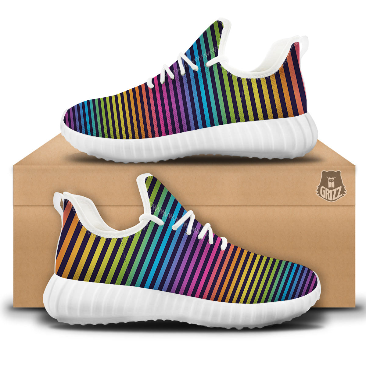 Striped Neon Rainbow Print White Walking Shoes-grizzshop